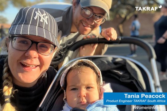 A family is shown on the picture, in the foreground a woman named Tania Peacock who works as a product engineer at TAKRAF South Africa.