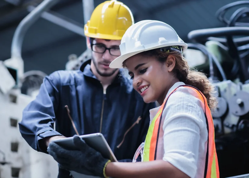 Zwei Ingenieure schauen auf ein Tablet