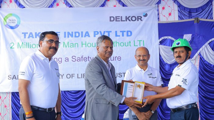 DELKOR India celebrating 2 million man-hours of zero harm with a guest of honor, inspiring talks, entertaining skits by the employees, and recognition of safety champions like Arumugam Somasundaram, Senior Manager HSE.